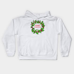 Merry Christmas Holly Wreath With Berries Kids Hoodie